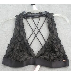 Victorias Secret PINK Gray Floral Lace Halter Bralette Strappy Cage Back XL